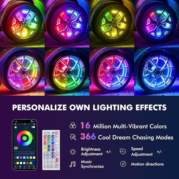 Ehaho 15.5" Double Row Wheel Lights, Brighter RGB Dream Chasing LED Rim Lights with App & Remote Control, Music Wheel Ring Light with Turn & Braking Signal Compatible with Various Trucks SUV Car（4PCS）