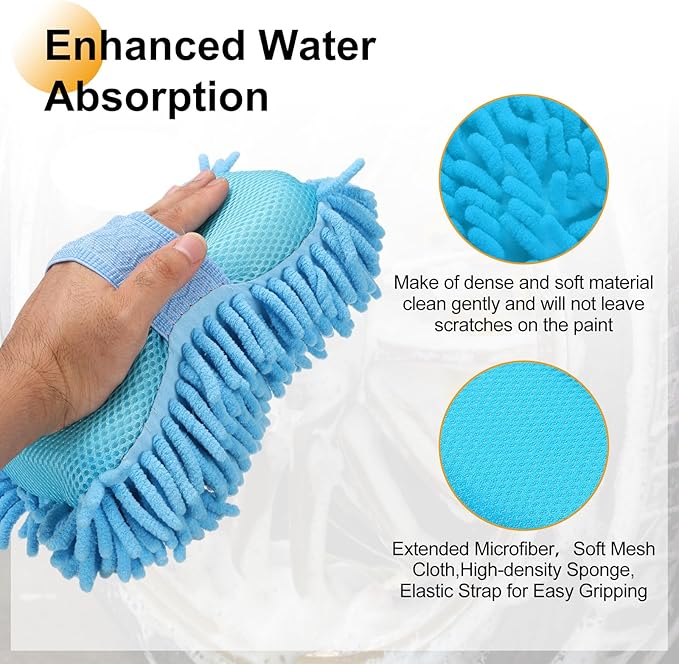 HARFINGTON Car Wash Sponge 8.7" x 4.3" Chenille Microfiber Mitt Scratch-Free Absorbent Scour Scrubber Cleaning Sponge for Washing Detailing on Cars, Trucks, SUV, Boats, RVs, Light Blue