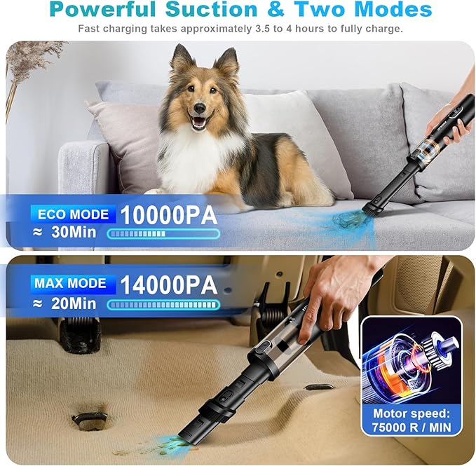 Handheld Vacuum Cordless, Upbooz Portable Car Vacuum, 14000PA Powerful Suction Vacuum Cleaner with LED Light and Air Duster 2 in 1, Low Noise Rechargeable Mini Hand Held Vacuum for Car Home Pet Office