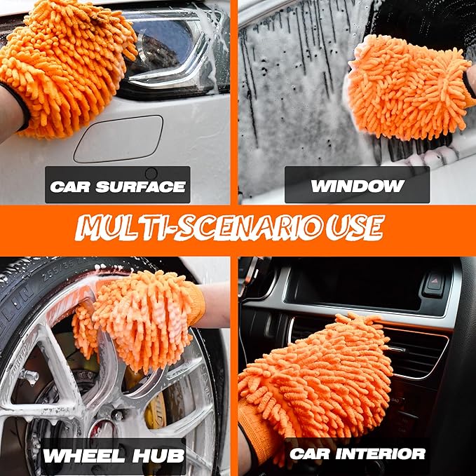 Raeyuan 3-Pack Car Wash Mitt, Premium Chenille Microfiber Wash Glove for Auto Detailing, Scratch Free & Lint Free Cleaning Kit with Elastic Cuff, Color Coded System (Blue, Orange, Green)