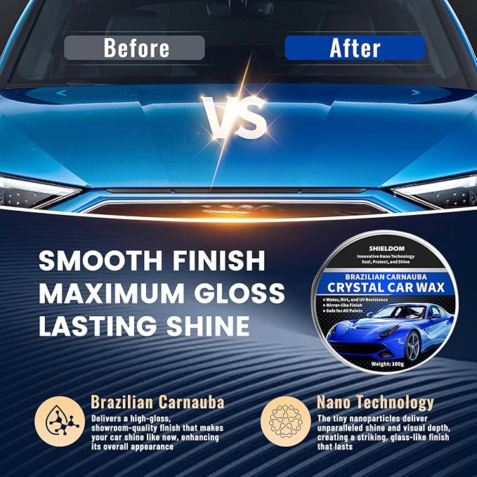 SHIELDOM Car Wax Polish Ceramic Coating Carnauba Wax Extra Gloss Paint Sealant Polishing Long Lasting Shine Hydrophobic for Cars, Trucks, SUVs, RVs with Microfiber Towel & Applicator Pad - 3.5oz/100g