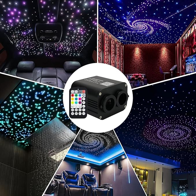 AMKI Dual Color 20W Twinkle Starlight Headliner Kit 900pcs 0.03in 9.8ft Fiber Optic Star Ceiling Light Sound Activated Music Mode APP/Remote Control Dual Port Light Box for Car Home Roof Decor
