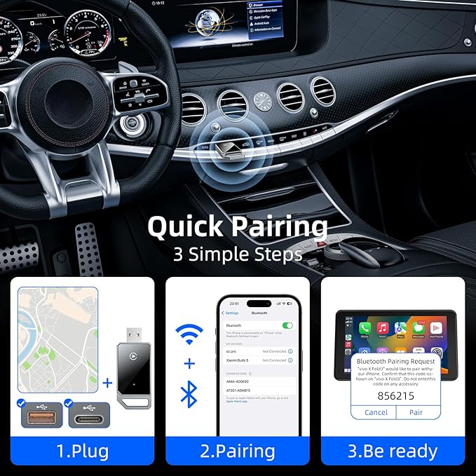 for Apple Wireless Carplay Adapter, Converts Wired to Wireless, Plug & Play, No Delay, Mini Carplay with USB & USB C, Compatible with iPhone 6 or above/iOS10+ & Cars from 2016 (Gray) (Carplay A)