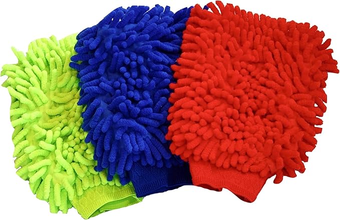 Microfiber House Cleaning and Car Wash Glove Mitts - Double Sided Chenille Microfiber Glove - FITS Adult Hand -Dynamic Microfiber Cleaning Cloth Mitten (Multi-Color, 3-Pack)