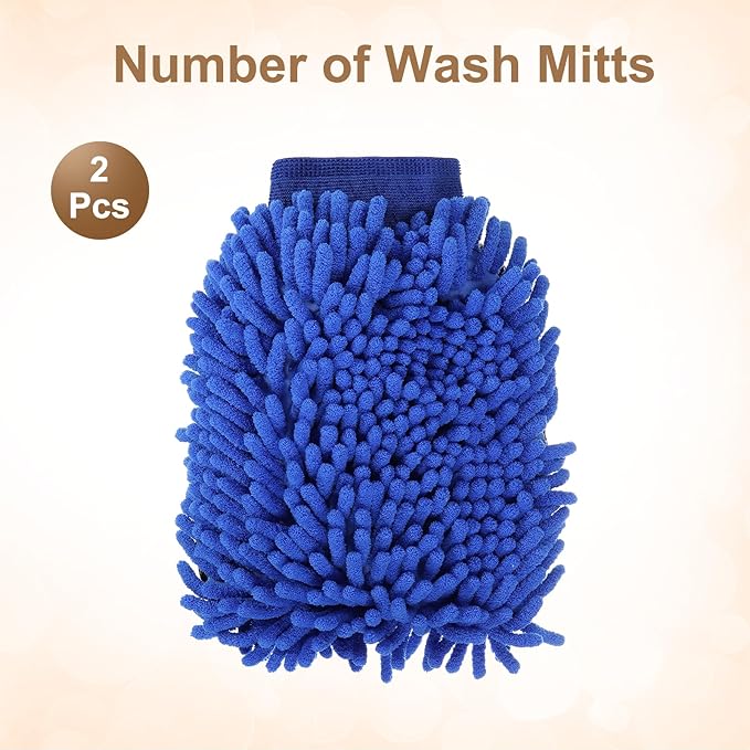 HARFINGTON 2pcs Chenille Microfiber Car Wash Mitts 9.8" x 7.9" Scratch Free Wash Gloves Absorbent Double Sided Plush Cleaning Drying Mitts for Car Washing Home Clean, Blue