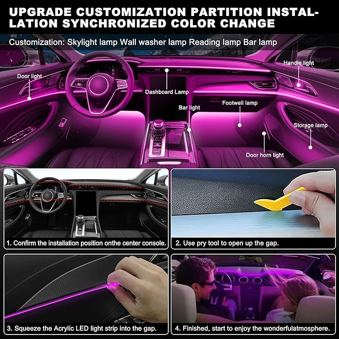 Acrylic Interior Car LED Strip Light with Wireless APP, Car Accessories 6 in 1 with 175 inches 593 LEDs Fiber Optic Ambient Lighting Kits, RGB Dynamic Music Sync Neon LED Strip Light for Car