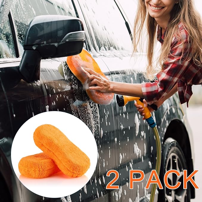 Tanlade 2 Pcs 2 Pack Large Microfiber Car Wash Sponge for Cleaning, Non Scratch Microfiber Sponges for Car Washing Supplies, Trucks and Motorcycles (Orange)