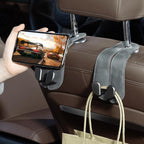 CoBak Headrest Hooks for Car - Universal Premium Stitched Leather and Aluminum-Magnesium Alloy Double Car Seat Back Storage Hook for Purses, Handbags, Bags (2 Pack),Gray