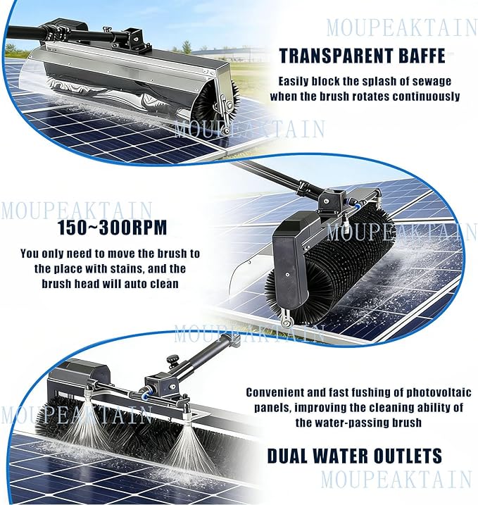 Electric Solar Panel Cleaning Brush with Pole - 350rpm Motor, 23.6" Brush Head, Dry/Wet Cleaning Modes - Water Fed Pole System for Solar Panels, Fleet Vehicles & Exterior Walls 7.5m
