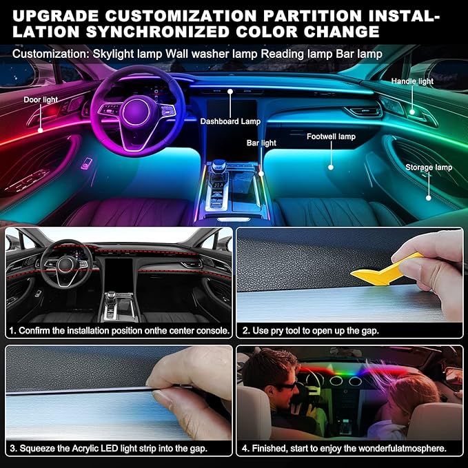 Dreamcolor Acrylic Interior Car LED Strip Light with Wireless APP, RGB 10 in 1 with 175 inches 593 Neon Car Ambient Lighting Kits, Dynamic Chasing Music Sync LEDs Fiber Optic Strip Lights for Car
