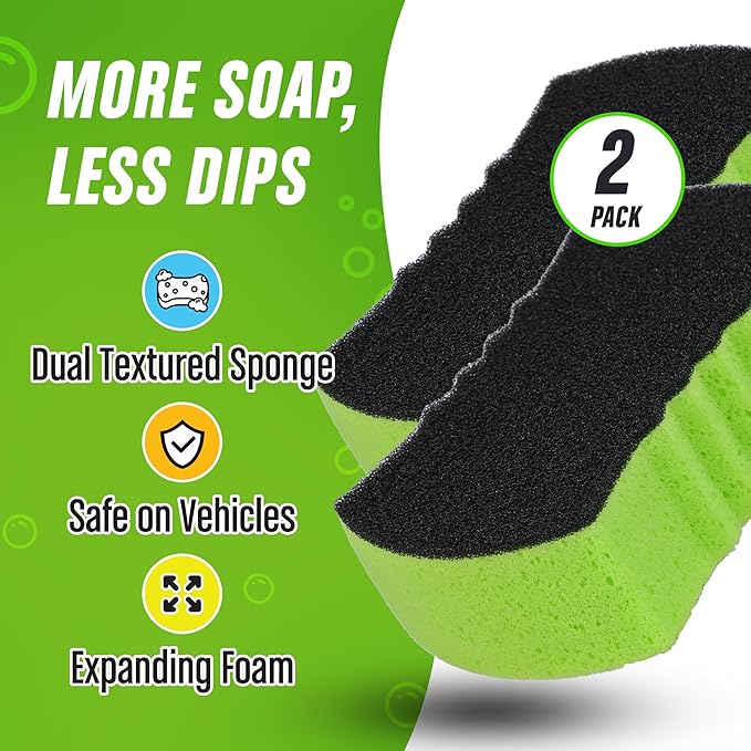 Grip Clean Dual Texture Car Wash Sponge - Multi Purpose Bug Remover Scrubbing Side Soft Sea Sponge - Ultra Scrub Car Cleaning Sponges Wash Bucket Accessory - 2 Pack