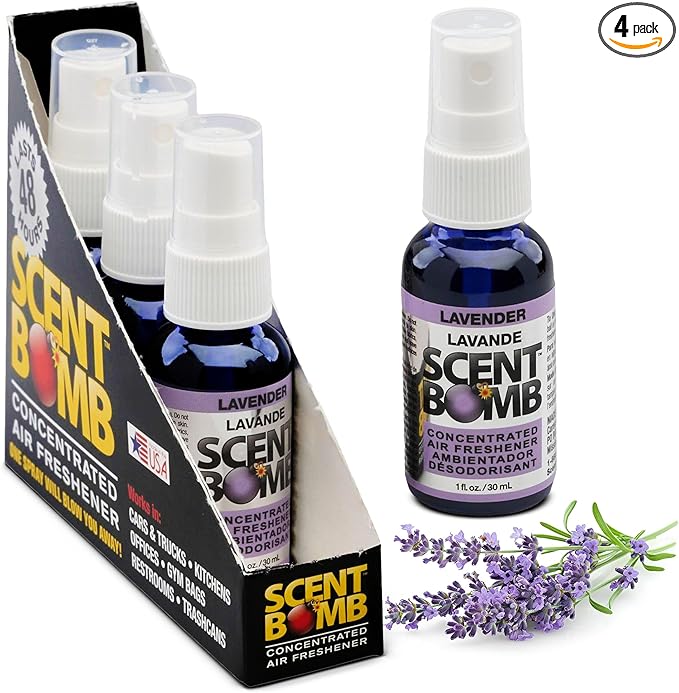 Scent Bomb Air Freshener Spray, Long-Lasting Odor Eliminator - Effective Deodorizer for Home & Car, Fresh Room Spray for Kitchen, Bathroom & Smell Neutralizer - 1 oz Pack of 4, Lavender Scent