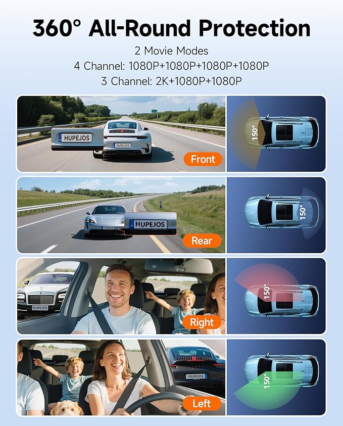 360° Dash Cam Front and Rear Inside, 4 Channel Dash Camera for Cars FHD 1080Px4, Built-in Wi-Fi, 3.16” IPS Screen, WDR Night Vision, Voice Control, Free 64GB Card, 24H Parking Mode