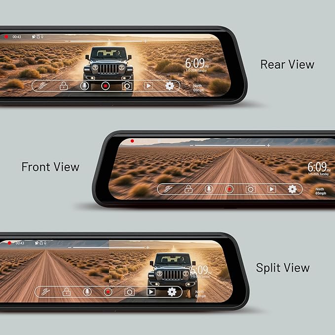 Stinger Jeep Gladiator (2020+) 9.66” 4K UHD Touchscreen Digital Rear View Mirror Monitor & 4K Front Dashcam, 2K Back Up Camera, Anti-Glare Night Vision, Built-in DVR w/ 64GB SD Card, Impact Detection