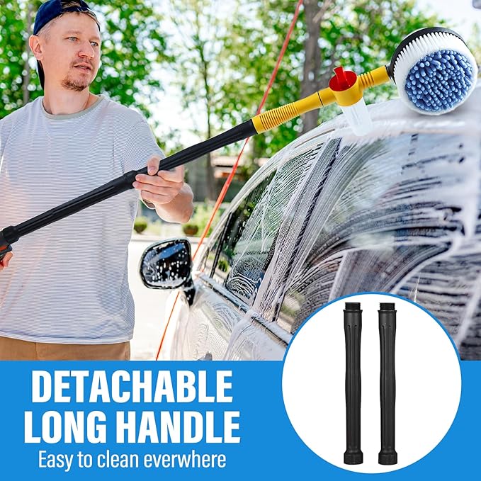Toolly Car Wash Brush Cleaning Kit, 360° Spin Car Mop, Microfiber Rotating Car Cleaning Brush, Detachable & Extendable Scrub Brush, Garden Hose Spray Nozzle Spray Gun for Cars, Yards, Garden, Pets