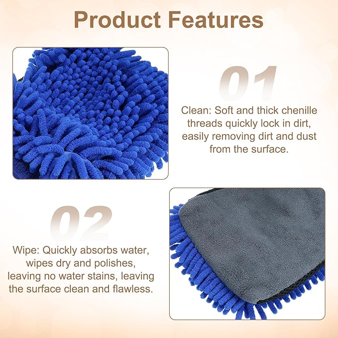 HARFINGTON Chenille Microfiber Car Wash Mitts 9.8" x 7.9" Scratch Free Wash Gloves Absorbent Double Sided Plush Cleaning Drying Mitts for Car Washing Home Clean, Blue