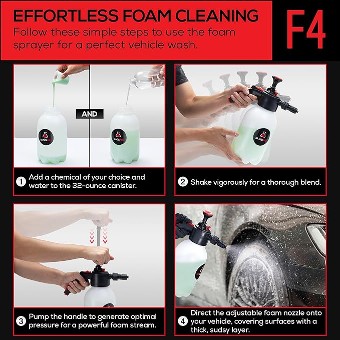 Suds Lab F4 Foaming Pump Sprayer with 70 oz UV Resistant Canister & Ergonomic Handle – Handheld Dual-Action Atomizer Car Foam Sprayer for Detailing, Garden & Home Use