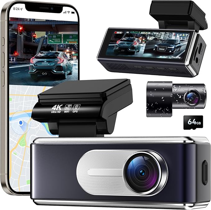 Dash Cam Front Rear,4K HD Dual Dash Camera for Cars,Included 64GB Card,Built-in Wi-Fi GPS 5G,170°Wide Angle,3.2" IPS Screen,Night Vision,Loop Recording,HDR,App Control,24H Parking Mode