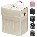 Capolo Car Trash Can with Lid, Leakproof Car Trash Bag Hanging Waterproof Automotive Garbage Can with Storage Pockets Mini Vehicle Trash Bin for Back/Front Seat(Beige,3 Gallon)