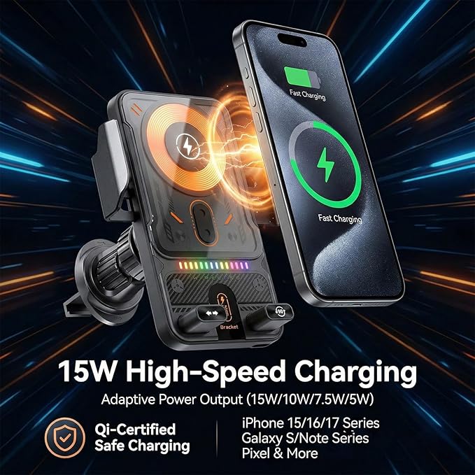 Motorized 90-Degree Rotating Wireless Car Charger Mount with Auto Clamping, 15W Fast Wireless Charging Air Vent Phone Holder for Most Smartphones (Black)