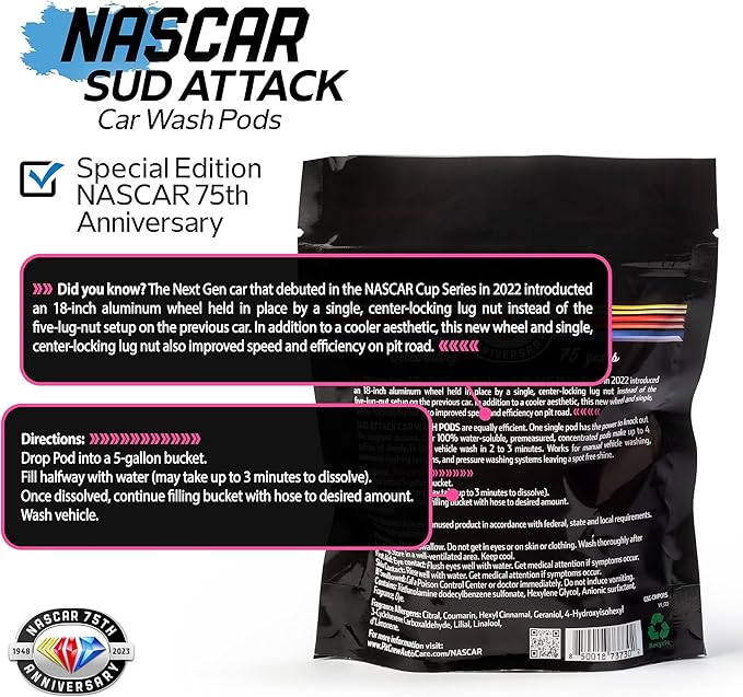 NASCAR - SUD Attack Car Wash Pods - Foaming Car Wash Soap (Works with Foam Cannons, Foam Guns or Bucket Washes) Safe for Cars, Trucks, Motorcycles, RVs & More (Makes 48 Gallons)