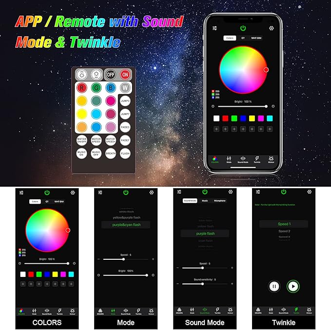 CHINLY Twinkle 550pcs 9.8ft 0.03in Fiber Optic Lights Star Headliner Kit, Music Mode Bluetooth APP Control Remote, RGBW Star Roof Lights for Home Theater/Pool Ceiling
