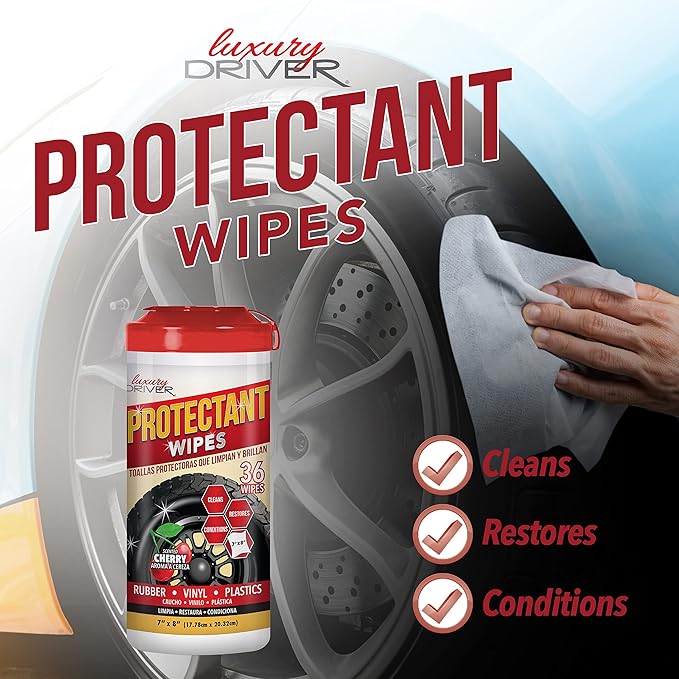 Car Wipes Interior Cleaning Protectant for Dashboard for Tires for Shine and Vinyl Protectant for Plastic for Dash Cleaning for UV and Fading by Luxury Driver - Cherry Scented (36ct Canister)