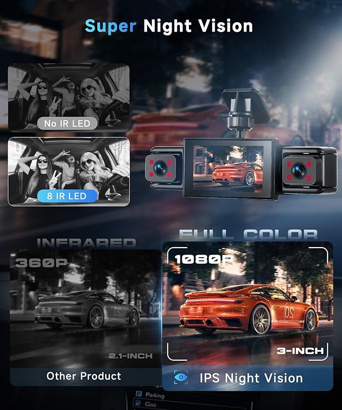360° Dash Cam Front and Rear Inside Left Right, 4 Channel FHD 1080P Dash Cam for Cars, 3 Inch IPS Dashcams with Night Vision, Loop Recording, 24H Parking Mode Monitor, Reverse View