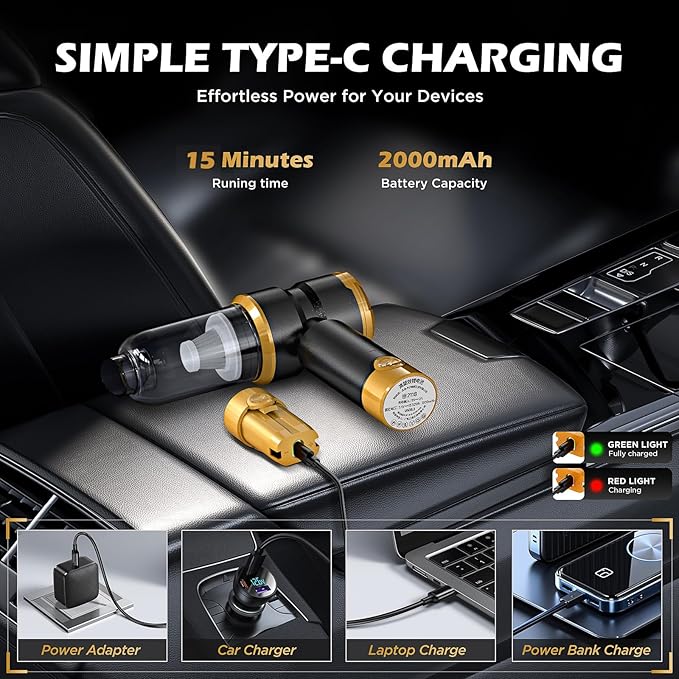 Handheld Car Vacuum Cleaner, 4-in-1 Cordless Rechargeable Mini Vacuum with Air Duster – Quickly Clean Crumbs, Pet Hair & Crevices in Car, Office, Home. Ideal for Commuters & Office Workers (Gold)