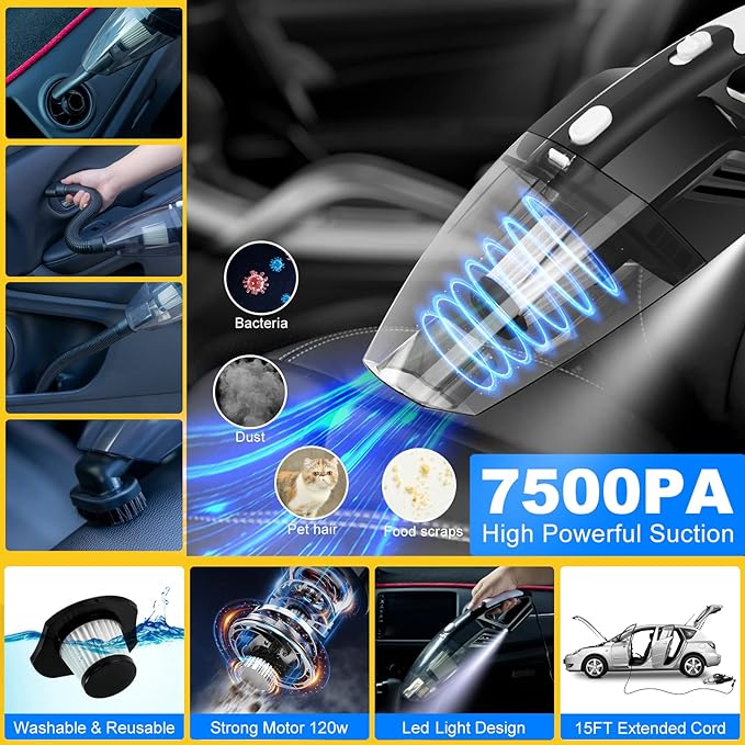 AUTODECO 39Pcs Car Cleaning Wash Kit Interior Detailing Cleaner Kit with High Power Handheld Vacuum, Brush Set, Windshield Tool, Duster, Towels, Tire Brush, Complete Car Care Tools, Blue