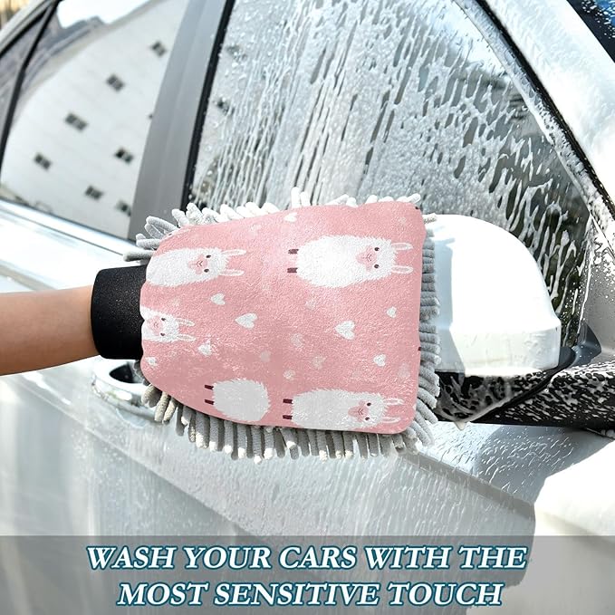 YETTASBIN Llama 2PCS Car Wash Mitts, Ultra Absorbent Chenille Microfiber Car Washing Gloves, Scratch-Free Lint-Free Auto Cleaning Mitt, Machine Washable Elastic Cuff Car Wash Sponge