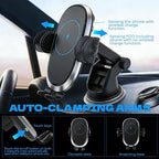 Wireless Car Charger Phone Holder Mount 15W Fast Charging, Auto Clamping with Smart Sensor, Dashboard & Windshield Car Phone Holder for iPhone for Google Samsung Android