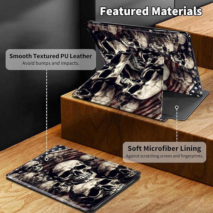 for Kindle Paperwhite Case,6.8" Kindle Paperwhite 11th Generation Case and Kindle Paperwhite Signature Edition,360 Degree Rotating Stand Leather Cover with Auto Wake/Sleep,Skull American Flag