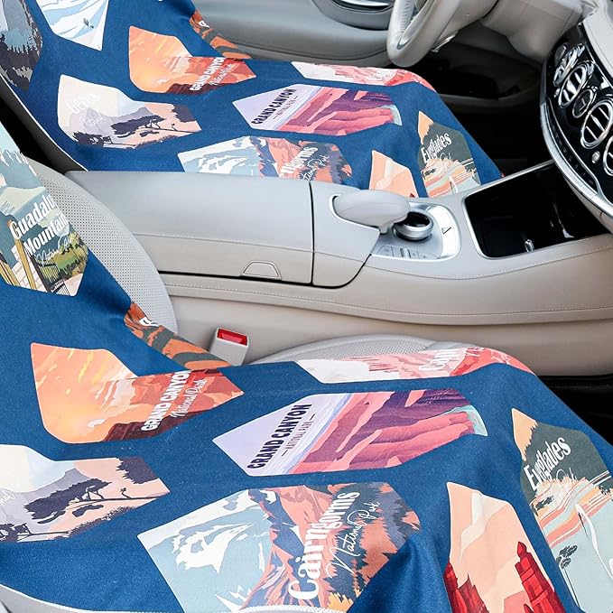 Hahafelt 2 Pack Car Seat Towel Covers with Storage Bag, 63 x 32 Inch Universal Non Slip Waterproof Sweat Protector for Car Truck, Gym Swimming Running, Machine Washable (Multi National Parks 1)
