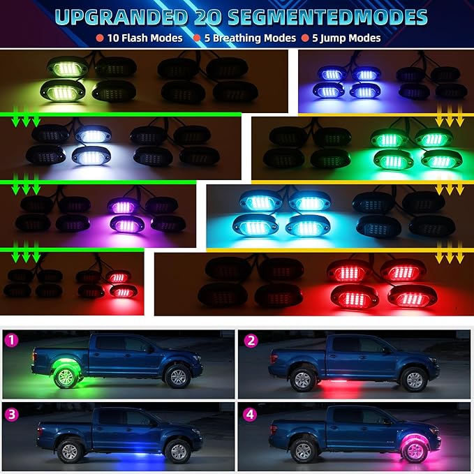20 Pods Segmented RGB LED Rock Lights for Semi Trucks Offroad Pickup Trailer RV SUV Boat, 12V Waterproof Multicolor Neon Underglow Kit with APP/RF Control Red Brake Sync Music Vehicle Underbody Light