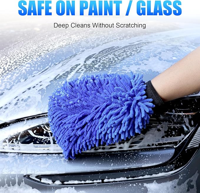 Premium Car Wash Drying Mitt, 2-in-1 Dual-Side Chenille Microfiber Gloves for Auto Detailing, Car Sponge Wrapped in Soft, Machine Washable (2Pack) (Blue)