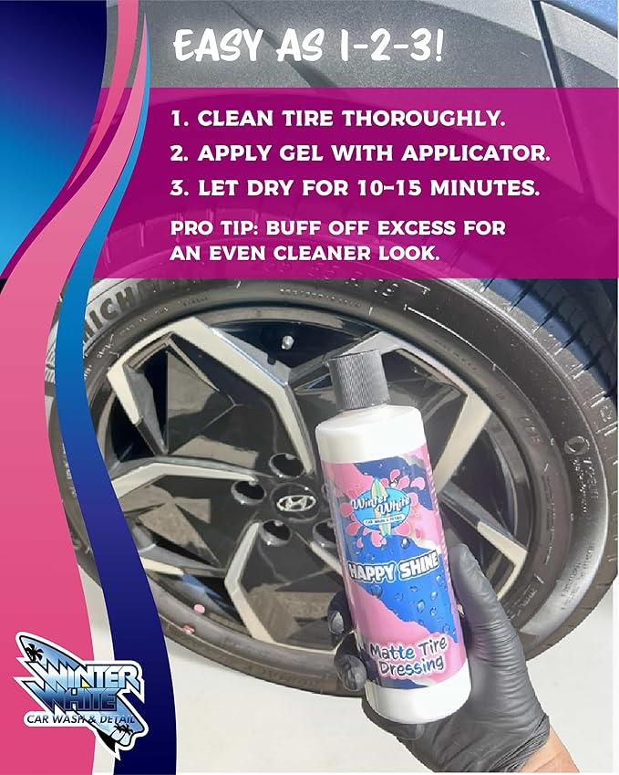 Winter White Happy Shine Matte Tire Dressing – Satin Black Tire Shine, Non-Greasy Professional Tire Dressing with UV Protection, Restores Rubber & Trim, No Sling Formula, Made in USA, 16 oz