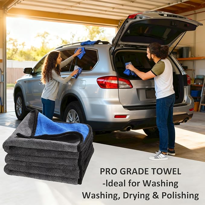 Ultrasoft, Large, Thick and Quick Drying Car Microfiber Cleaning Towel 800GSM Polishing Waxing Auto Detailing Towel Cloth (6pack) (Grey-Blue)