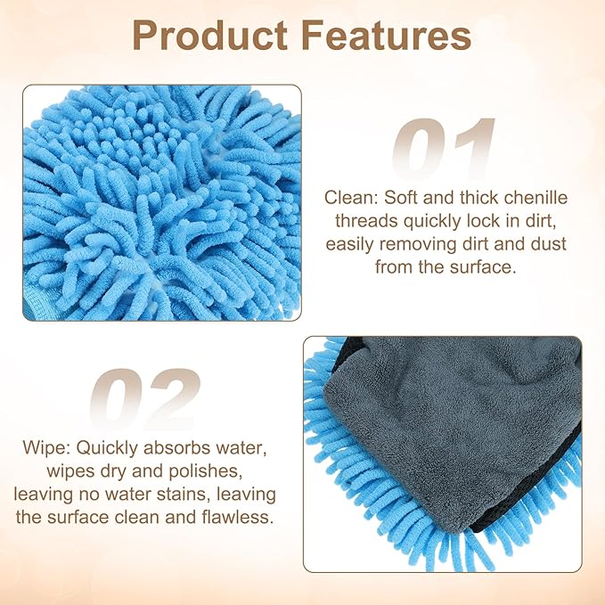 HARFINGTON Chenille Microfiber Car Wash Mitts 9.8" x 7.9" Scratch Free Wash Gloves Absorbent Double Sided Plush Cleaning Drying Mitts for Car Washing Home Clean, Light Blue