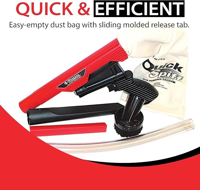 Zendex Tool - QuickSpiff Venturi Air Vacuum with Easy Empty Dust Bag - No Electricity Pneumatic Vacuum with Powerful Suction for Industrial and Personal Use - Red