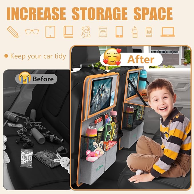 Plzpik Car Backseat Organizer with Tablet Holder,11 Storage Pockets with Foldable Food Tray, Protector Kick Mats for Kids, Travel Accessories Organizer (Orange, 1Pack with Food Tray)
