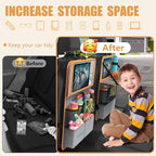 Plzpik Car Backseat Organizer with Tablet Holder,11 Storage Pockets with Foldable Food Tray, Protector Kick Mats for Kids, Travel Accessories Organizer (Orange, 2Pack with Food Tray)