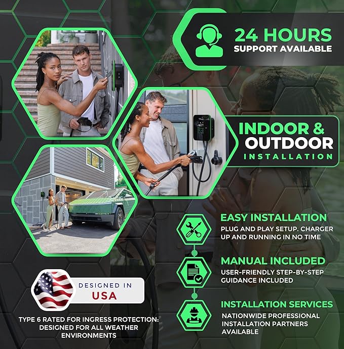 MACH 2:Fast Level 2 EV Charger 48 amp Garage-pro wall-Mount. Electric Vehicle Charging Station 4 Nema 14-50 Outlet. J1772 car Connector. Key Accessories: 30ft Cable & Tesla NACS evse Portable Adapter
