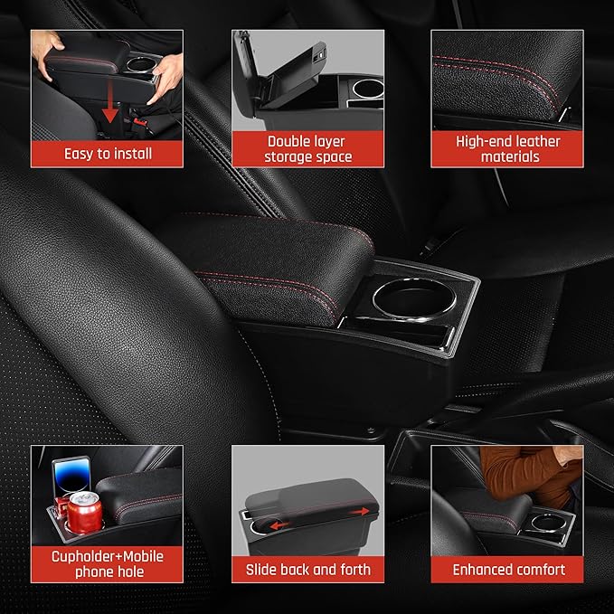 Car Armrest Box for Toyota Yaris Vitz 2006-2011 Auto Accessories Center Console Leather Arm Rest Double-Layer Storage Space with Cup Holder (Red Thread)