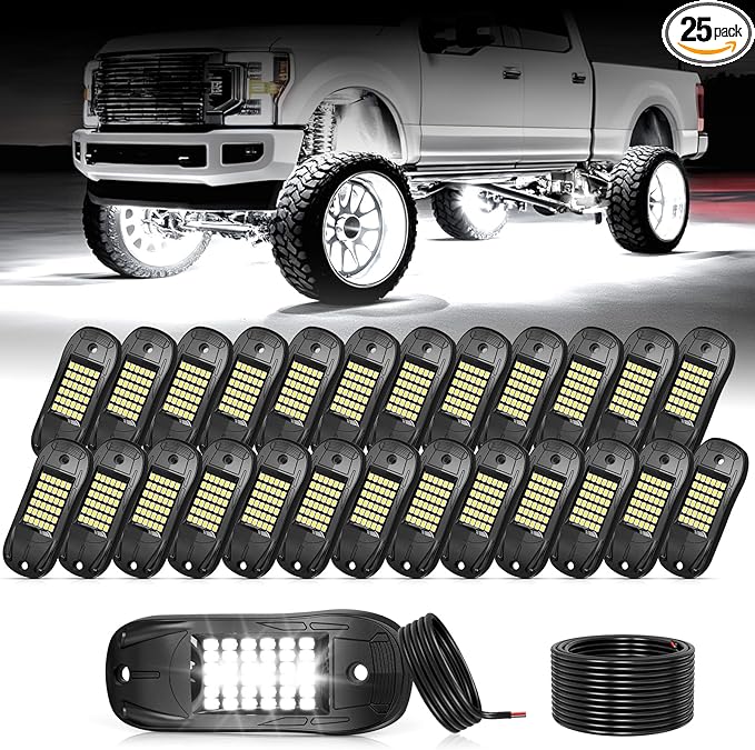 25 Pods 6500k White Rock Lights, IP68 Waterproof 36 LEDs SMD Chips Underglow Kit for Truck Pickup SUV UTV ATV RZR Car Boats