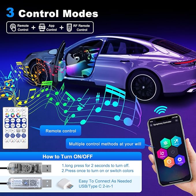 Acrylic Interior Car LED Strip Light with USB/Type C, RGB 6 in 1 with 175 Inch 593 LEDs Strip, Dynamic Chasing Music Sync Neon Ambient Lighting Kits