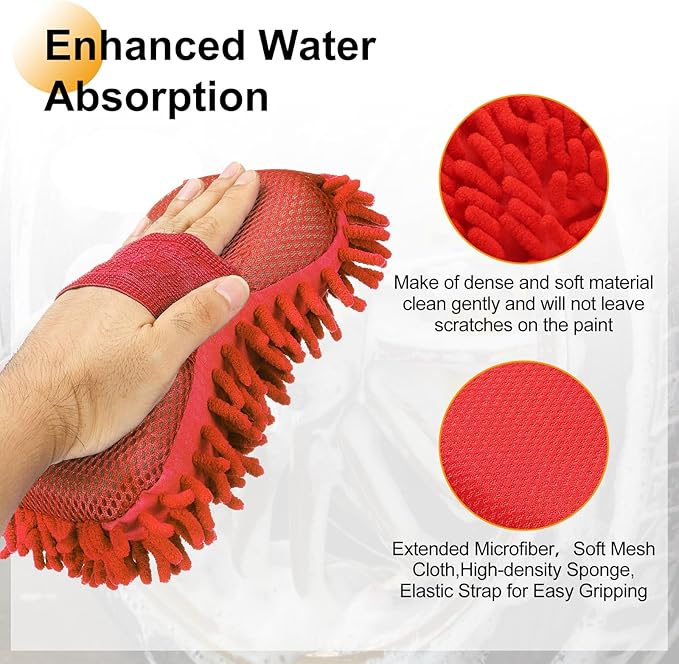 HARFINGTON Car Wash Sponge 8.7" x 4.3" Chenille Microfiber Mitt Scratch-Free Absorbent Scour Scrubber Cleaning Sponge for Washing Detailing on Cars, Trucks, SUV, Boats, RVs, Red