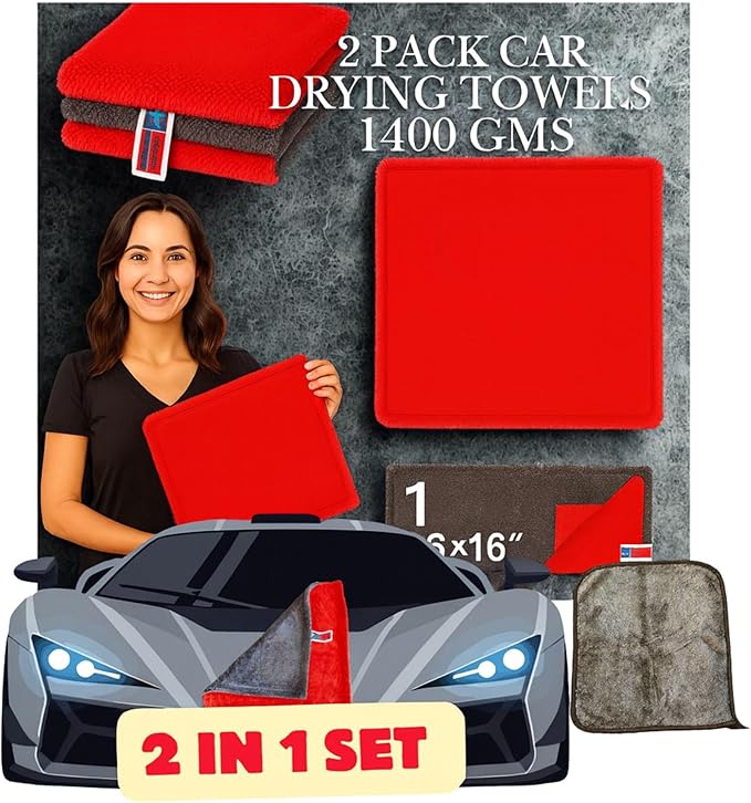 Microfiber Car Towel with Twisting Yarn,1400GSM Ultra Absorbent,16" BY16, Scratch-Free, Machine Washable, Bonus 30x30cm Towel Durable for Him/Her (Red/Gray)