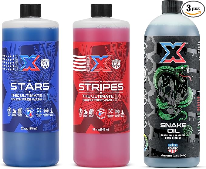 Chem-X Touch Free Clean + Seal Bundle: Stars and Stripes: The Ultimate Touch Free Vehicle Wash (2 32oz) + Snake Oil Venom: Graphene Foam Sealant (32oz)