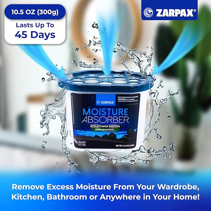 ZARPAX Moisture Absorber Activated Charcoal 10.5 oz/300g | Removes Moisture, Damp, Humidity & Odors | Odor Absorber | Moisture Trap for Bathroom, Closet, Kitchen & Small Spaces | Set of 6